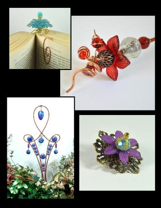 Jan Geisen garden art, floral jewelry, plant stakes, flower bookmarks